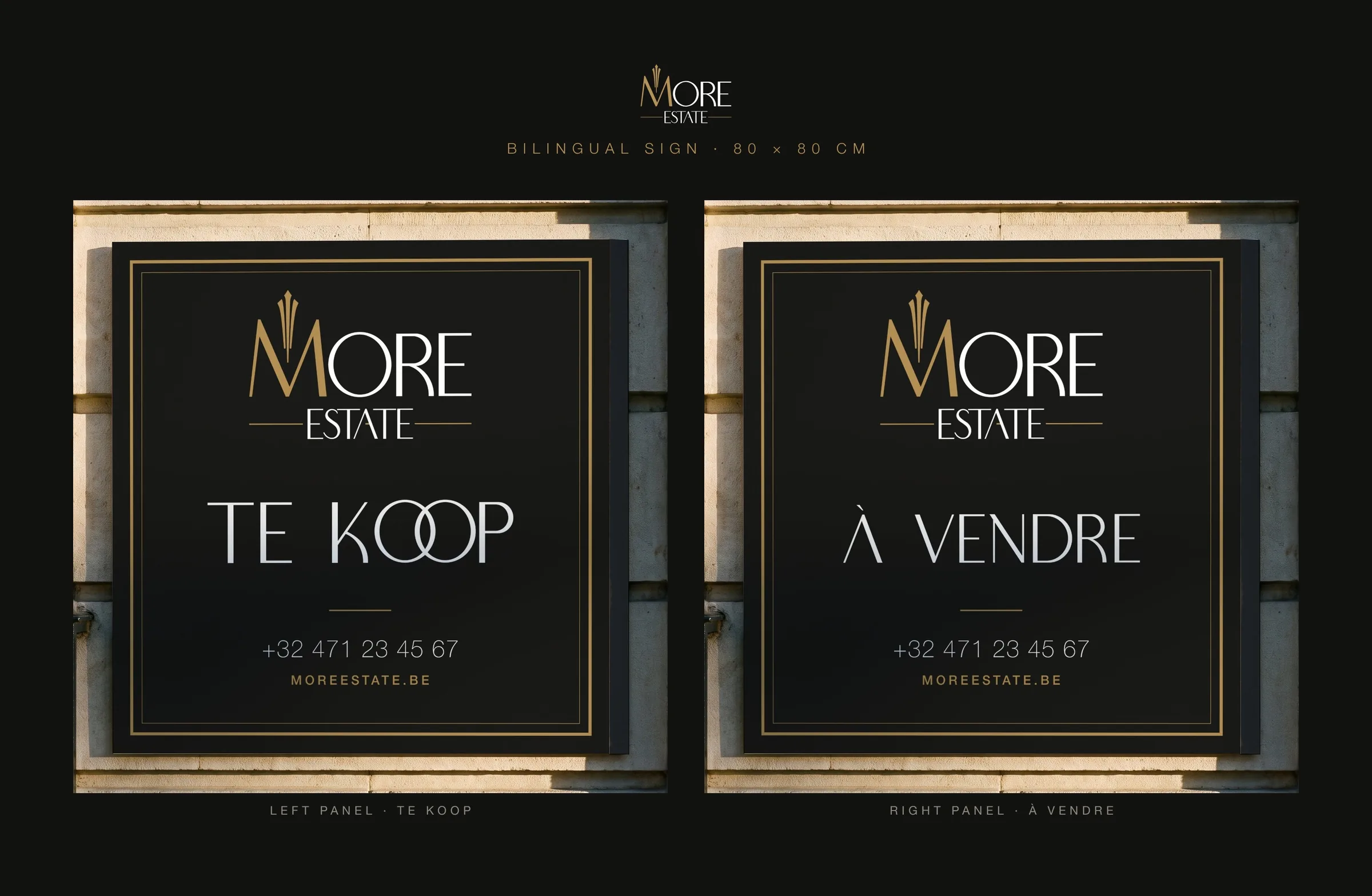 Bilingual sign, TE KOOP and À VENDRE panels side by side