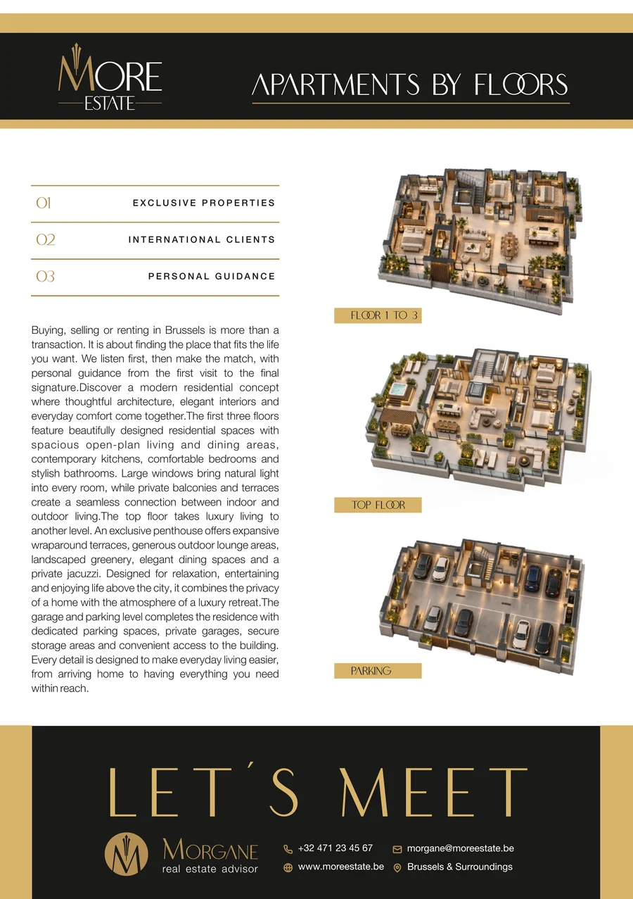 Flyer back with apartments by floors and the closing line Let’s meet