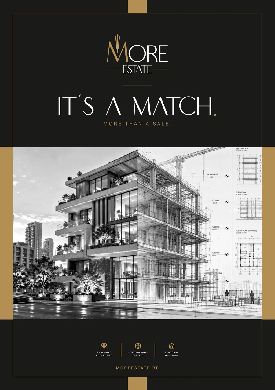 Flyer front with the headline It’s a match and a black and white render of the building